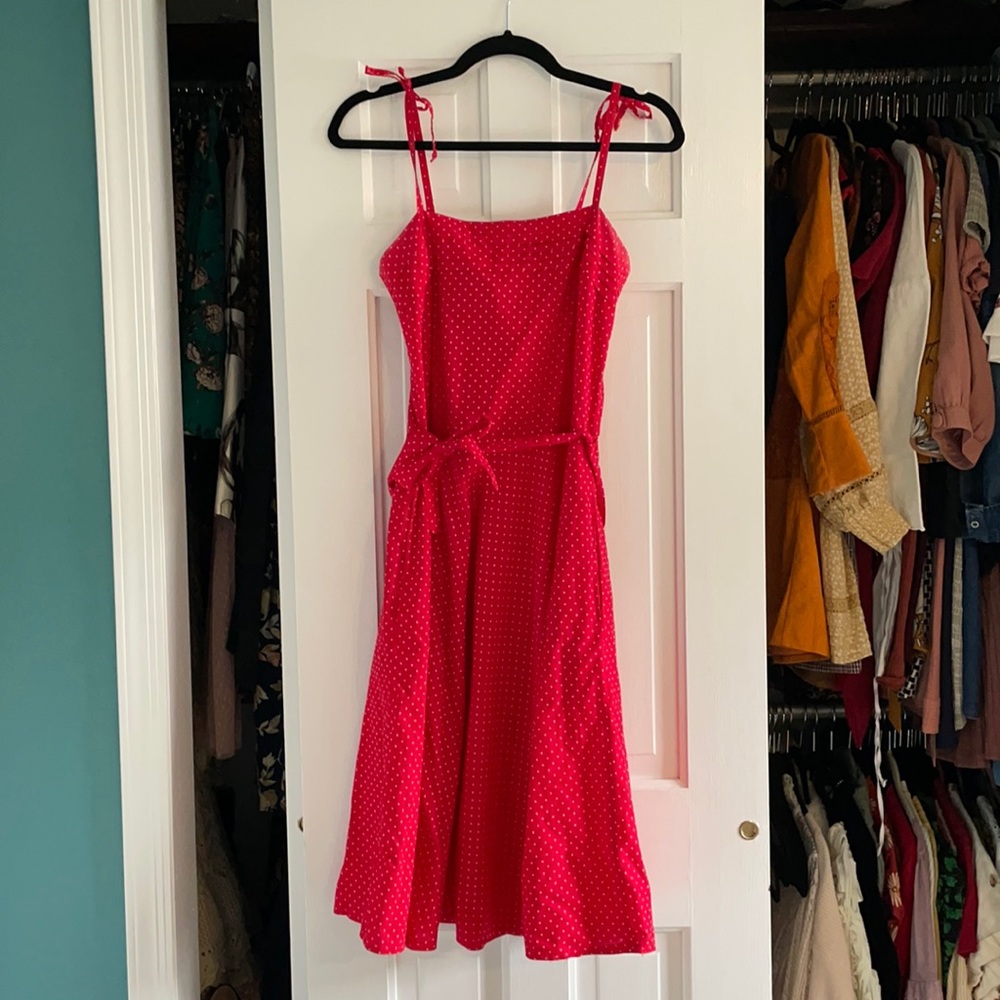 Authentic vintage dress circa 1980s. Red polka dot print sundress.